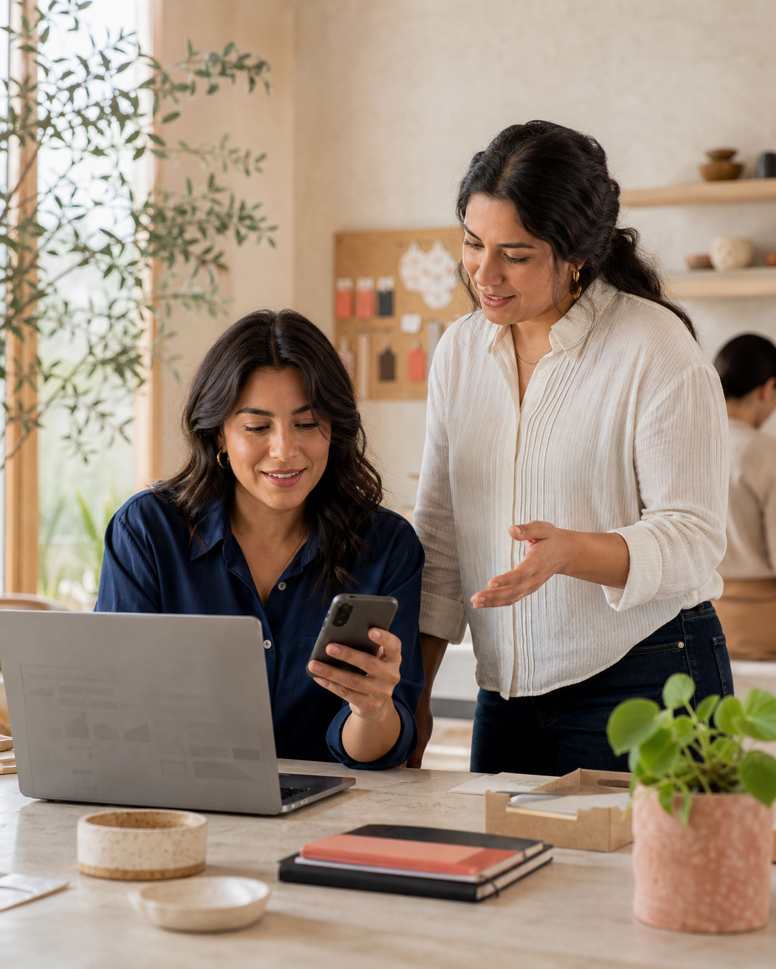 Emprendedoras revisando juntas herramientas digitales para su negocio